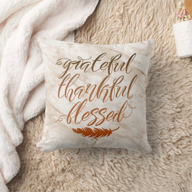 Grateful Thankful Blessed Modern Marble Feather Throw Pillow (Blanket)