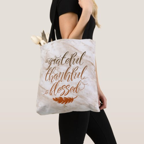 Grateful Thankful Blessed Modern Marble Feather Tote Bag