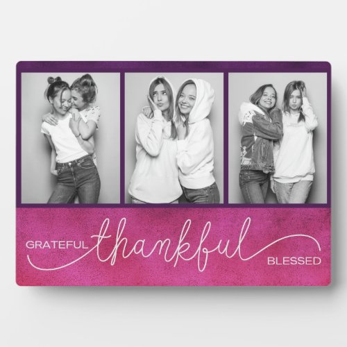 Grateful Thankful Blessed Modern Three Photo Plaque