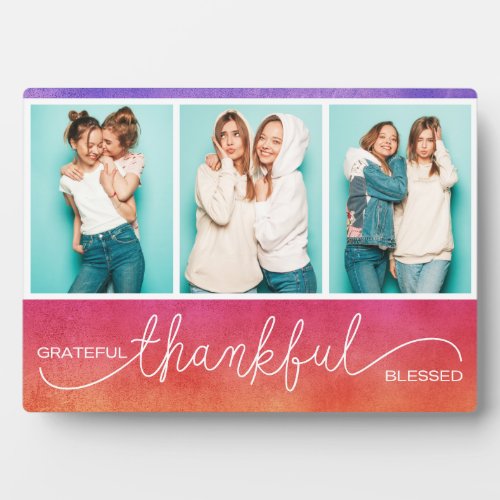 Grateful Thankful Blessed Modern Three Photo Plaque