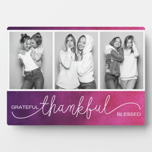 Grateful Thankful Blessed Modern Three Photo Plaque