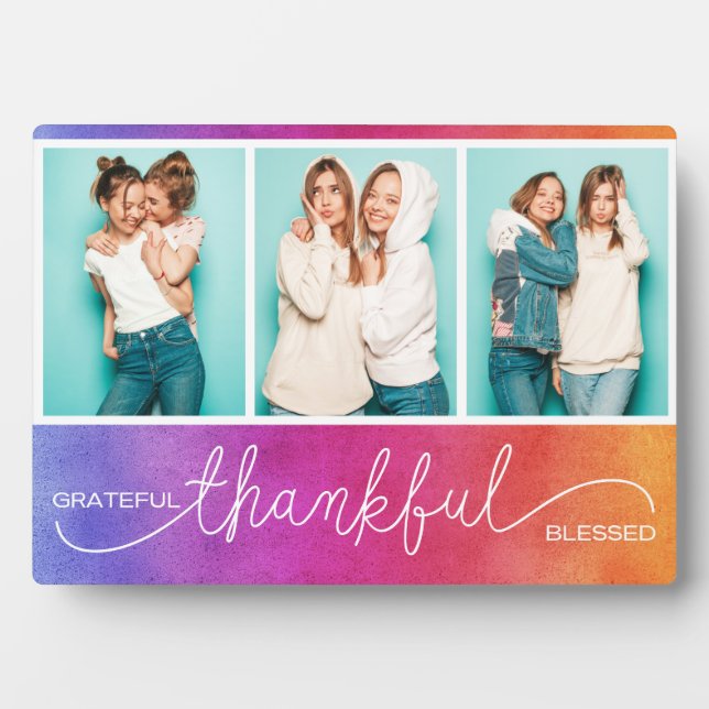Grateful Thankful Blessed Modern Three Photo Plaque (Front)