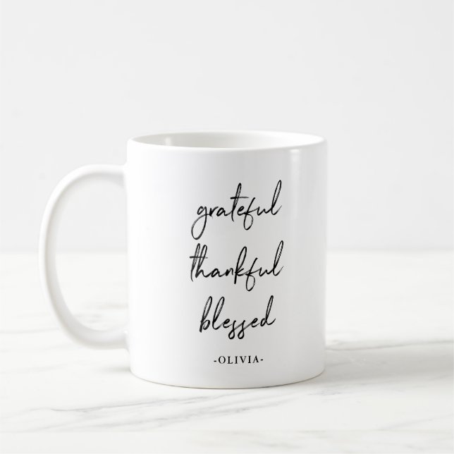 Grateful Thankful Blessed | Modern Typography Coffee Mug (Left)