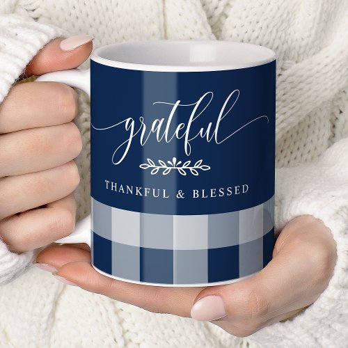 Grateful Thankful Blessed Navy &Amp;Amp; White Plaid Coffee Mug