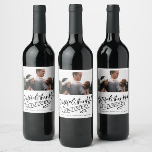 Grateful Thankful Blessed Photo Christmas Wine Label