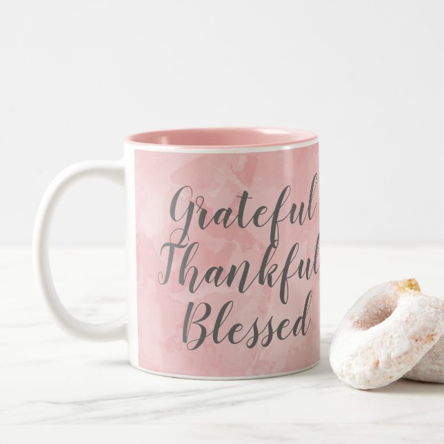 Grateful Thankful Blessed Pink Watercolor Two-Tone Coffee Mug (With Donut)