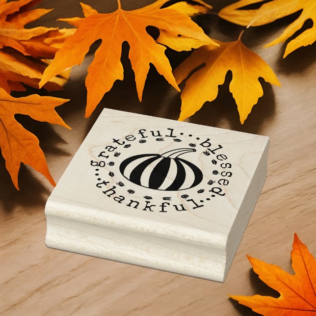 Grateful Thankful Blessed Pumpkin Fall Harvest Rubber Stamp (Thanksgiving harvest striped pumpkin grateful thankful blessed wood rubber stamp fall gourd theme)