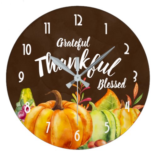 Grateful Thankful Blessed Pumpkins in Watercolor Large Clock