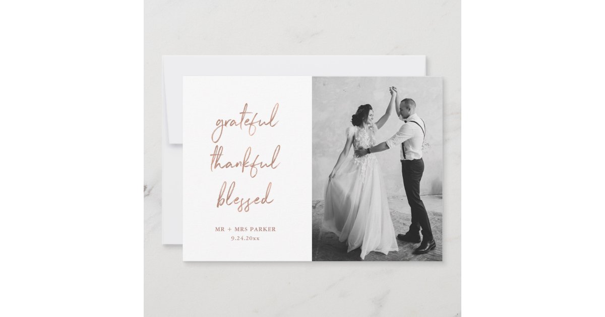 Grateful Thankful Blessed | Rose Gold Script Photo Thank You Card | Zazzle