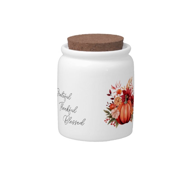 Grateful, Thankful, Blessed Rustic Red Pumpkin  Candy Jar (Front)