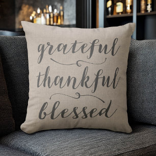 Grateful Thankful Blessed Rustic Script - damask Throw Pillow
