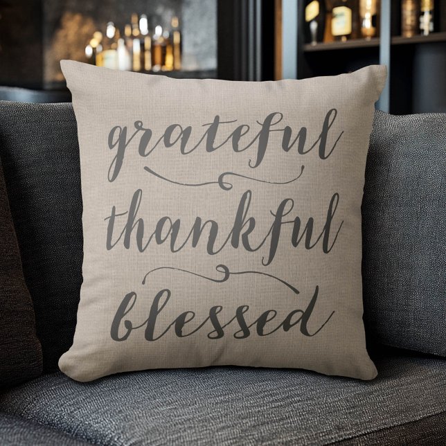 Grateful Thankful Blessed Rustic Script - damask Throw Pillow (Grateful Thankful Blessed Pillow)
