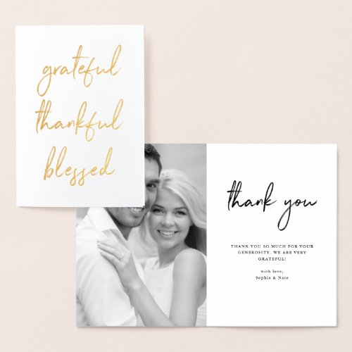 Grateful Thankful Blessed  Script and Photo Gold Foil Card