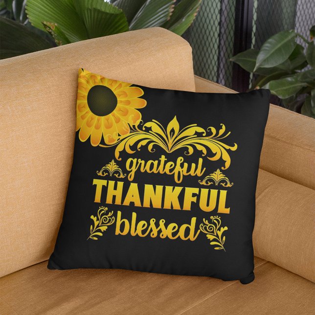 Grateful, Thankful, Blessed Sunflower Throw Pillow (Creator Uploaded)
