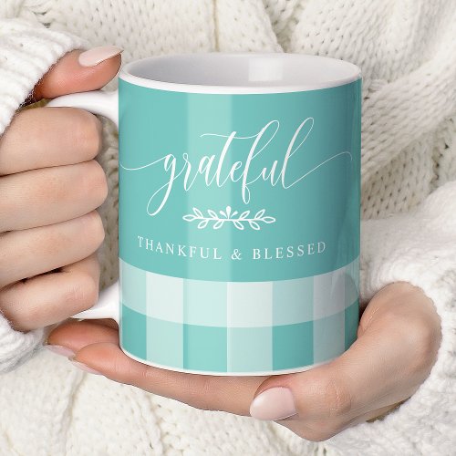 Grateful Thankful Blessed Teal &Amp;Amp; White Plaid Coffee Mug