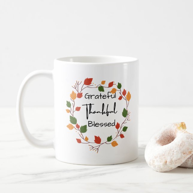 Grateful Thankful Blessed Thanksgiving Leaves Fall Coffee Mug (With Donut)