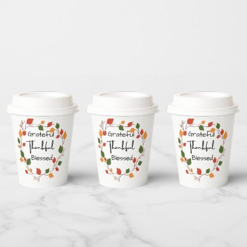 Grateful Thankful Blessed Thanksgiving Leaves Fall Paper Cups