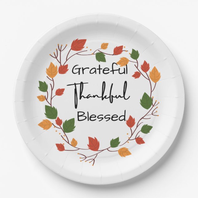 Grateful Thankful Blessed Thanksgiving Leaves Fall Paper Plates (Front)