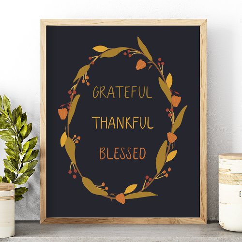 Grateful Thankful Blessed Wreath Typography Poster