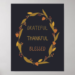 Grateful Thankful Blessed Wreath Typography Poster