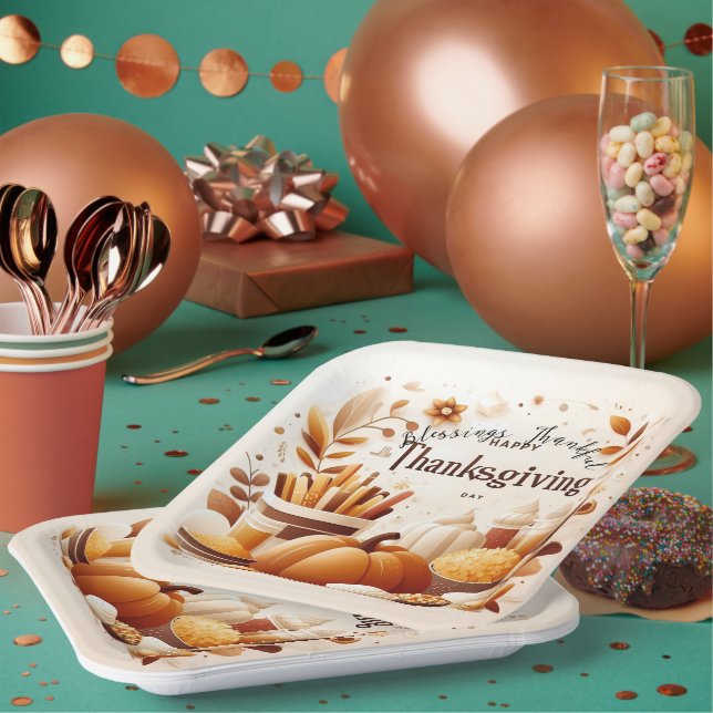 Grateful Thankful Festive Thanksgiving 9 Inch Paper Plates (Multi)