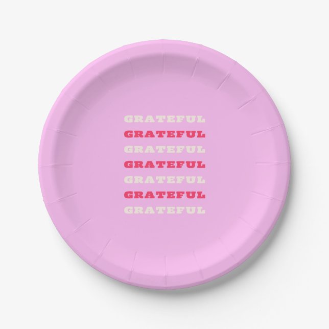 Grateful, Thankful, Gratitude Quote, Pink, Holiday Paper Plates (Front)