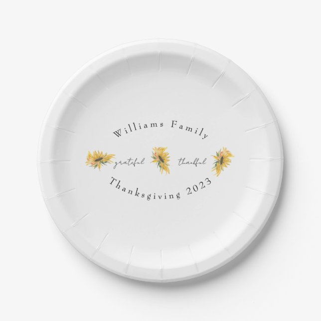 Grateful Thankful Sunflower Custom Thanksgiving Paper Plates (Front)
