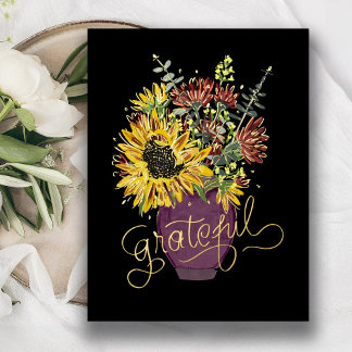 Grateful Thanksgiving Bouquet Gold Foil Holiday Postcard