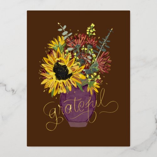 Grateful Thanksgiving Bouquet Gold Foil Holiday Postcard