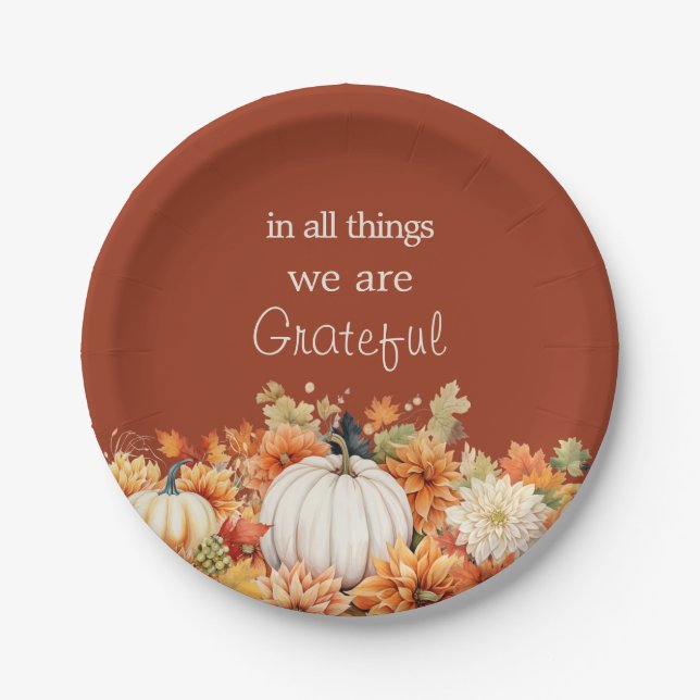 Grateful Thanksgiving Pumpkin Fall Leaves Paper Plates (Front)