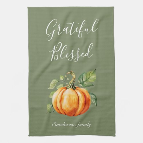 Grateful Thanksgiving Pumpkin Moss Green Kitchen Towel