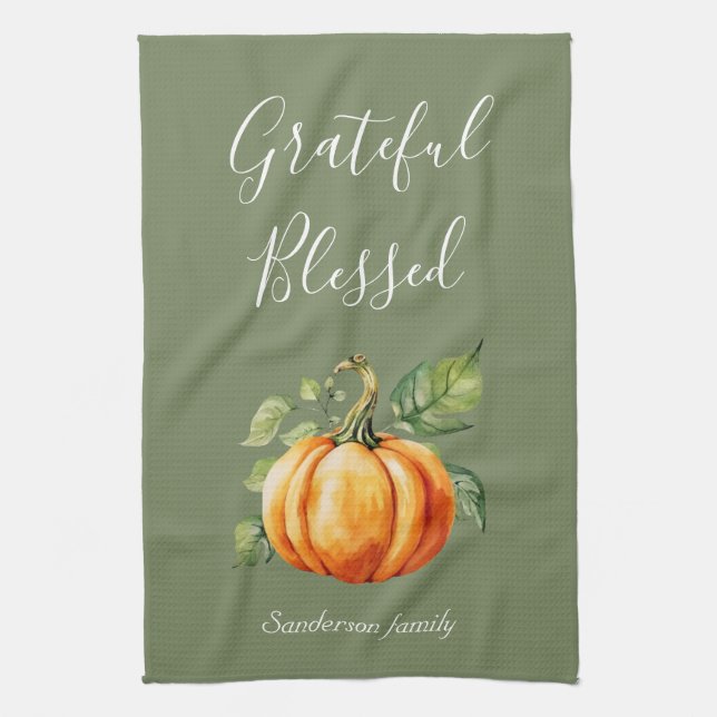 Grateful Thanksgiving Pumpkin Moss Green Kitchen Towel (Vertical)