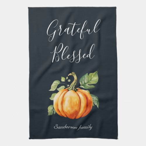 Grateful Thanksgiving Pumpkin Personalized Kitchen Towel