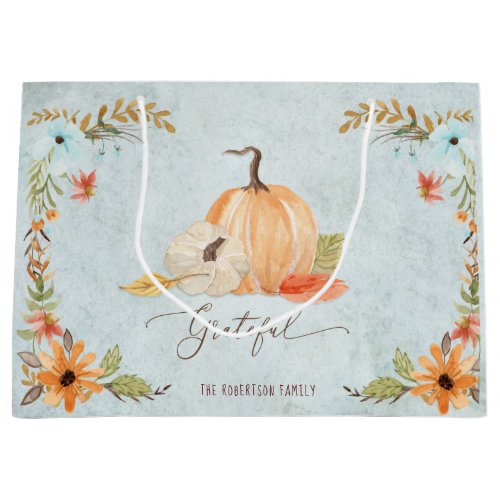 Grateful Thanksgiving Pumpkins Fall Floral Autumn Large Gift Bag