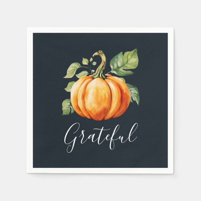 Grateful Thanksgiving Watercolor Pumpkin Napkins (Front)