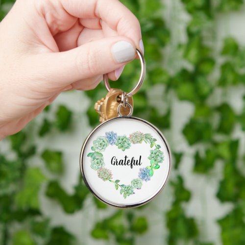 Grateful Watercolor Floral Wreath Keychain