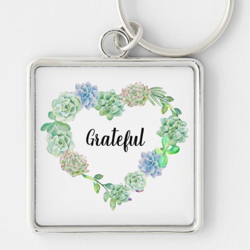Grateful Watercolor Floral Wreath Keychain