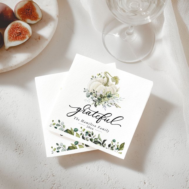 Grateful White Pumpkin Greenery Thanksgiving Napkins (Creator Uploaded)