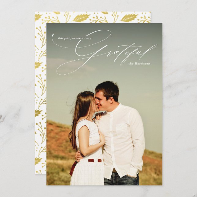 Grateful White Script Calligraphy Full Photo Holiday Card (Front/Back)