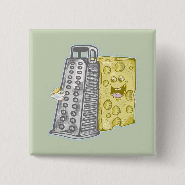 Grating cheese with a grater Funny food Button (Front)