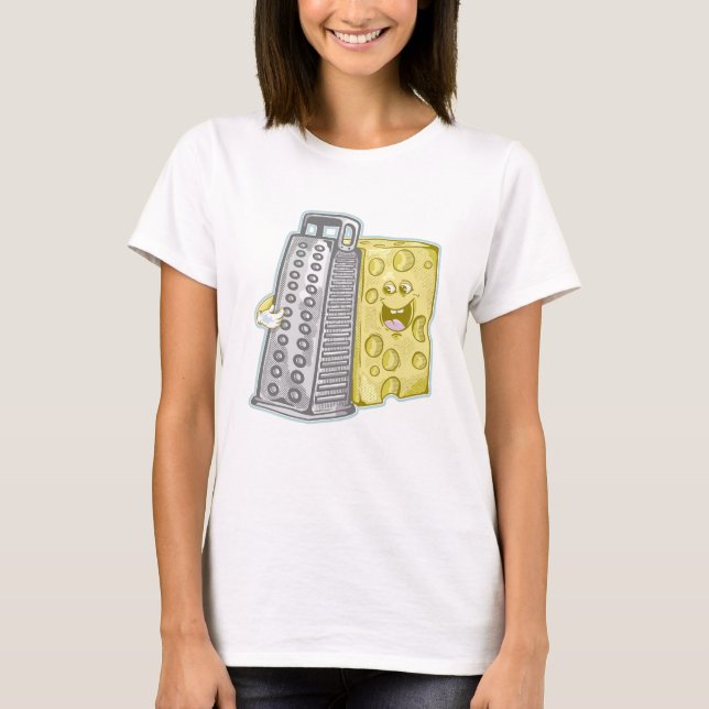 Grating cheese with a grater Funny food T-Shirt (Front)