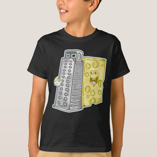 Grating cheese with a grater Funny food T-Shirt (Front)