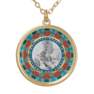 Gratitude Aqua Teal Mandala Custom Words & Photo Gold Plated Necklace