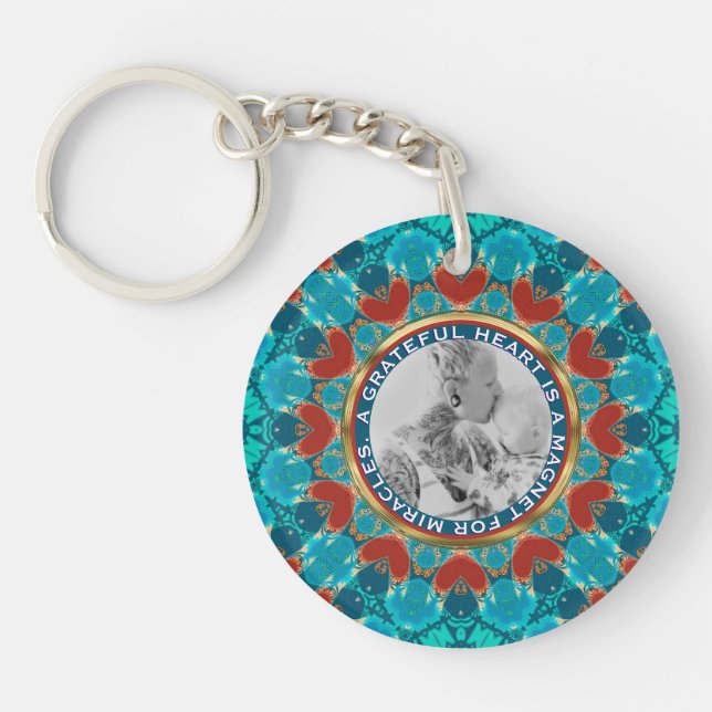 Gratitude Aqua Teal Mandala Custom Words & Photo Keychain (Front)