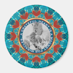 Gratitude Aqua Teal Mandala Custom Words & Photo Magnet