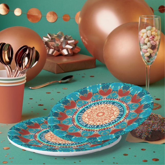 Gratitude Aqua Teal Mandala Customizable Quote Paper Plates (Multi)