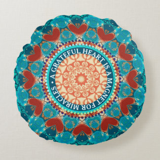 Gratitude Aqua Teal Mandala Customizable Quote Round Pillow
