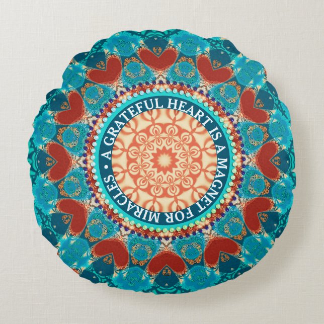 Gratitude Aqua Teal Mandala Customizable Quote Round Pillow (Front)