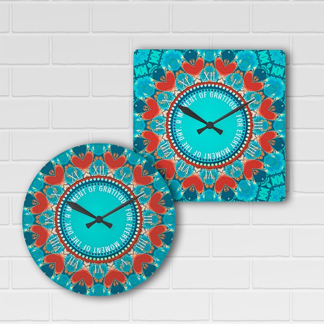Gratitude Aqua Teal Mandala Customizable Quote Square Wall Clock (Creator Uploaded)