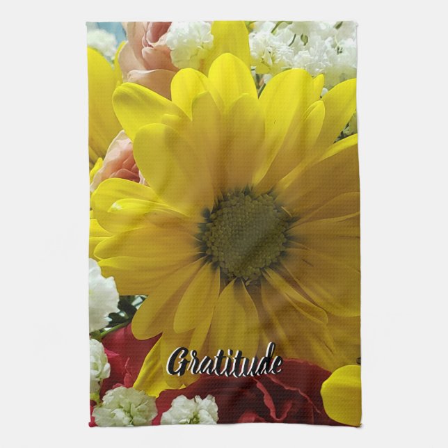 Gratitude Floral Yellow Daisy Photo Kitchen Towel (Vertical)